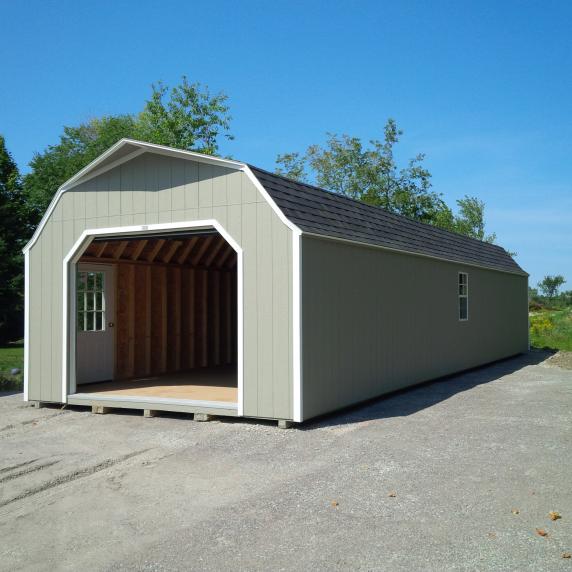 grey open door gambrel roof garage in Belleville, ON